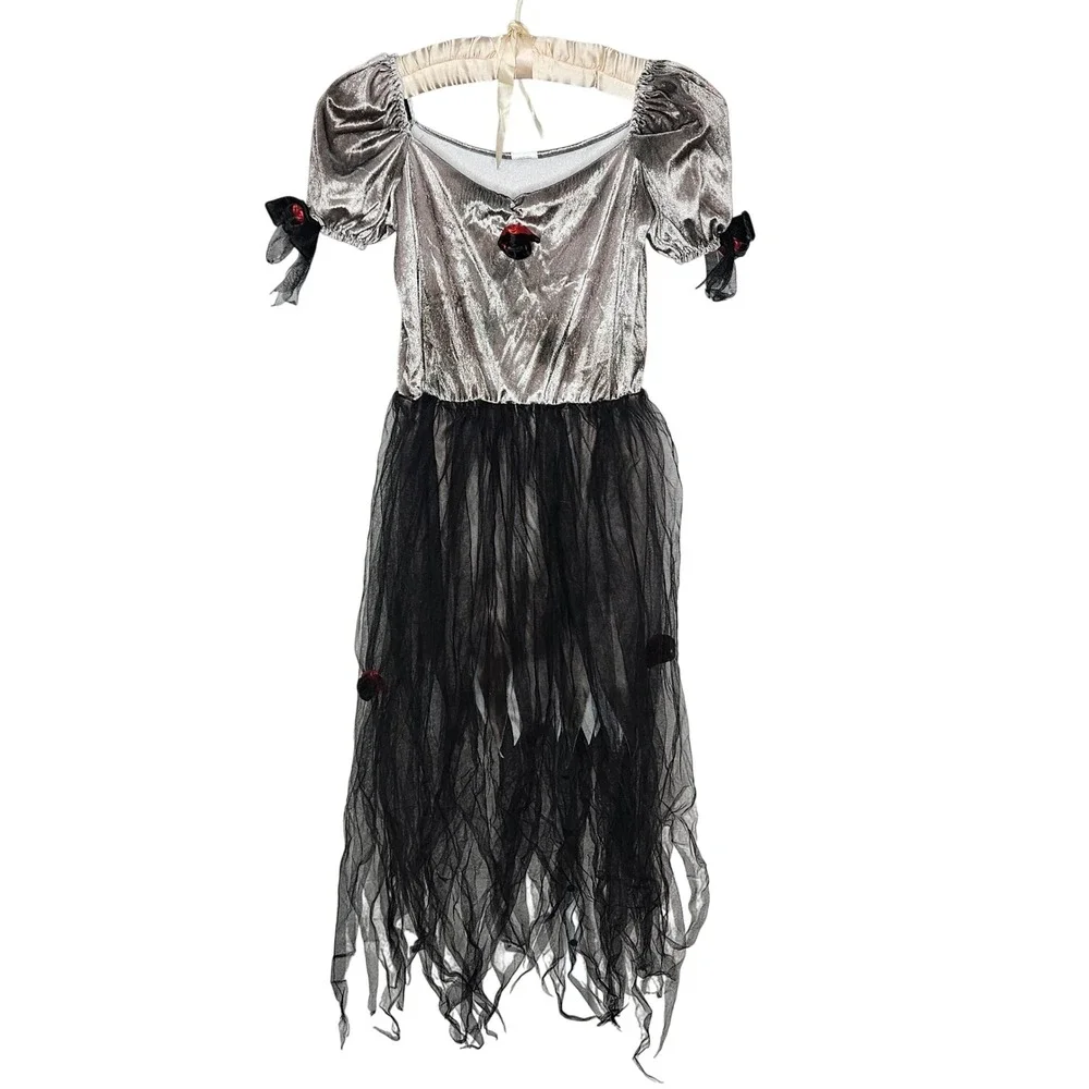 Silver Velvet Gothic Princess Costume Dress Black Tattered Tulle Kids M 8-10